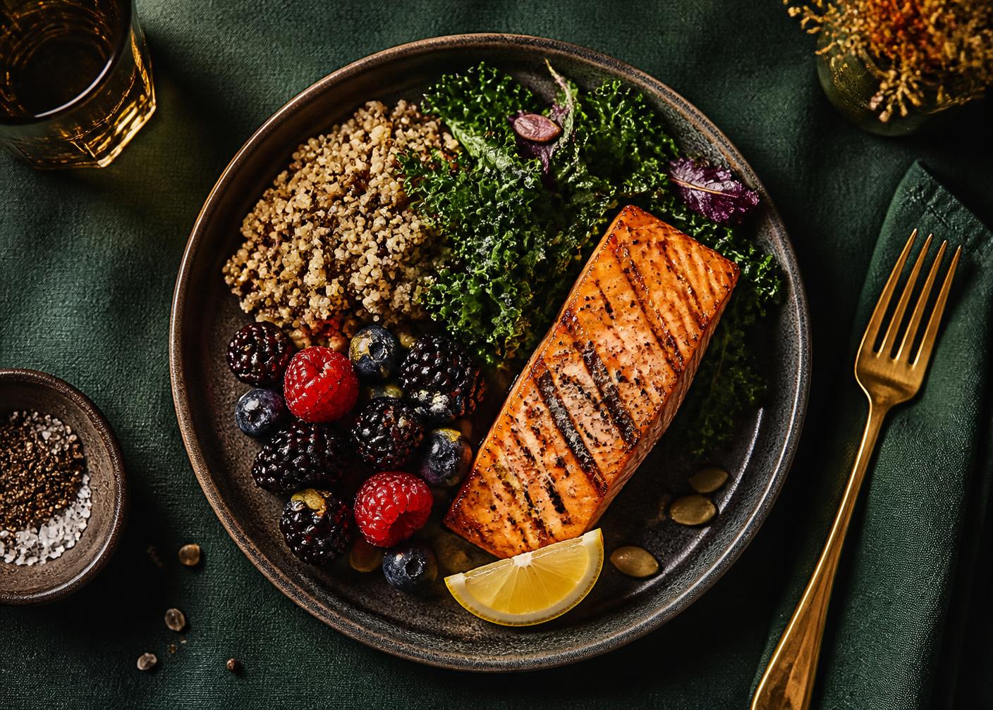Balanced plate of salmon, quinoa, greens and berries