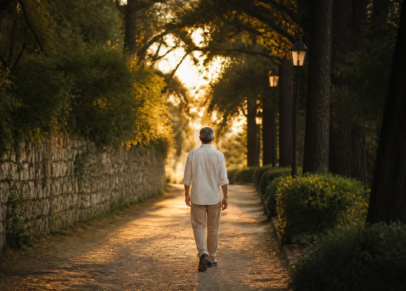 Person walking a tree-lined path at golden hour after dinner