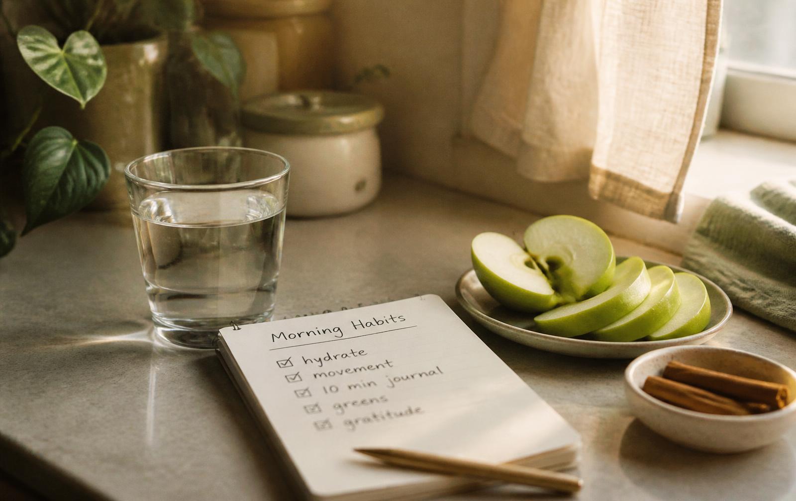 Morning counter with water, sliced apple and a handwritten habit list